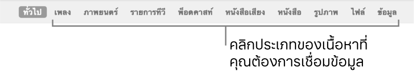 แถบปุ่มที่แสดงปุ่มทั่วไปและปุ่มสำหรับเนื้อหา เช่น เพลง ภาพยนตร์ รายการทีวี และอื่นๆ