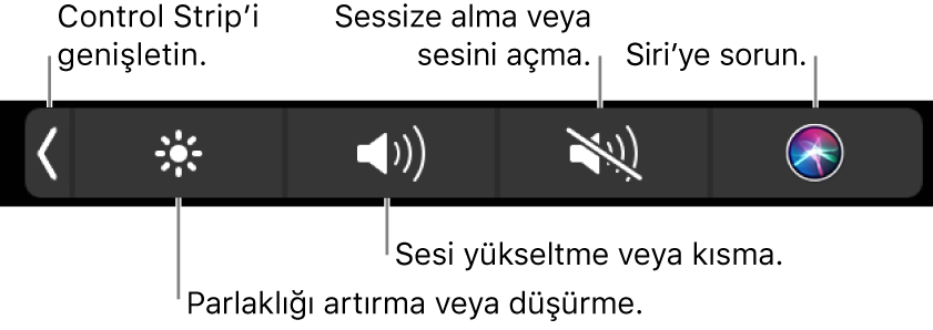 Daraltılmış Control Strip soldan sağa Control Strip’i genişletme, ekran parlaklığını ve ses yüksekliğini artırma veya azaltma, sesi kapatma veya açma ve Siri’ye soru sorma düğmelerini içeriyor.