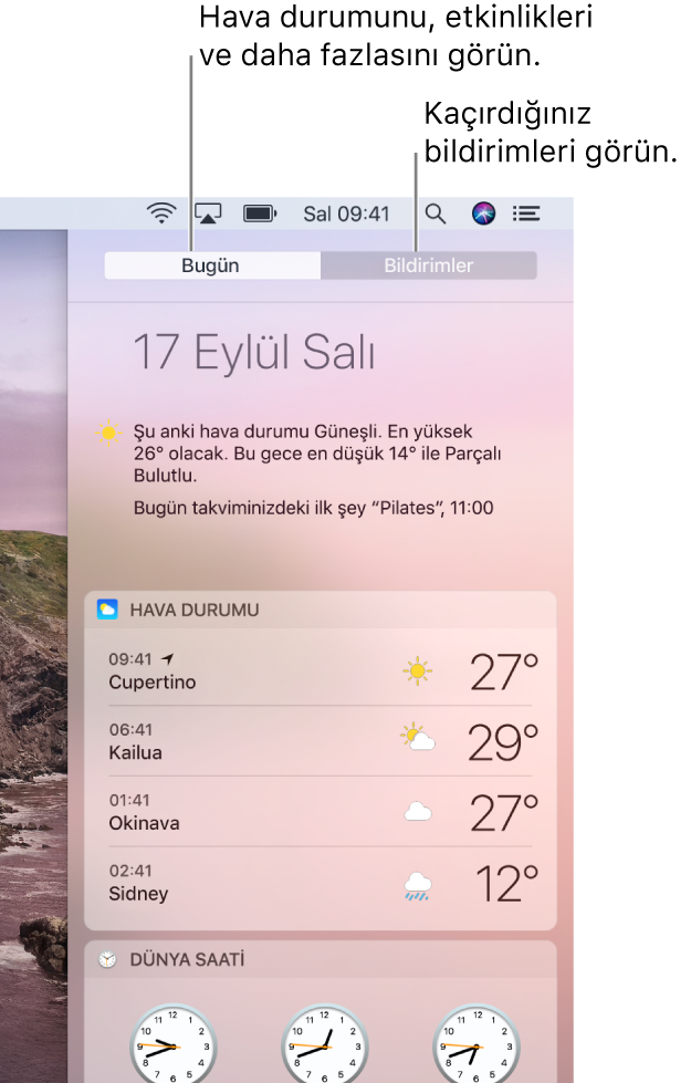 Üç konumdaki hava durumunu gösteren Bugün görüntüsü. Kaçırdığınız bildirimleri görmek için Bildirimler sekmesini tıklayın.