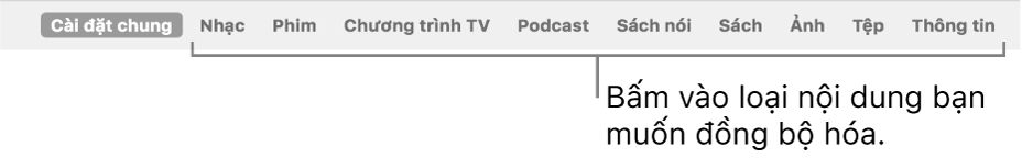Thanh nút đang hiển thị nút Cài đặt chung và các nút cho nội dung như nhạc, phim, chương trình TV, v.v.