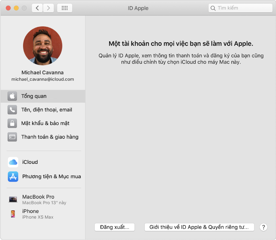 Tùy chọn ID Apple đang hiển thị thanh bên gồm các loại tùy chọn tài khoản khác nhau mà bạn có thể sử dụng cũng như tùy chọn Tổng quan cho tài khoản hiện có.