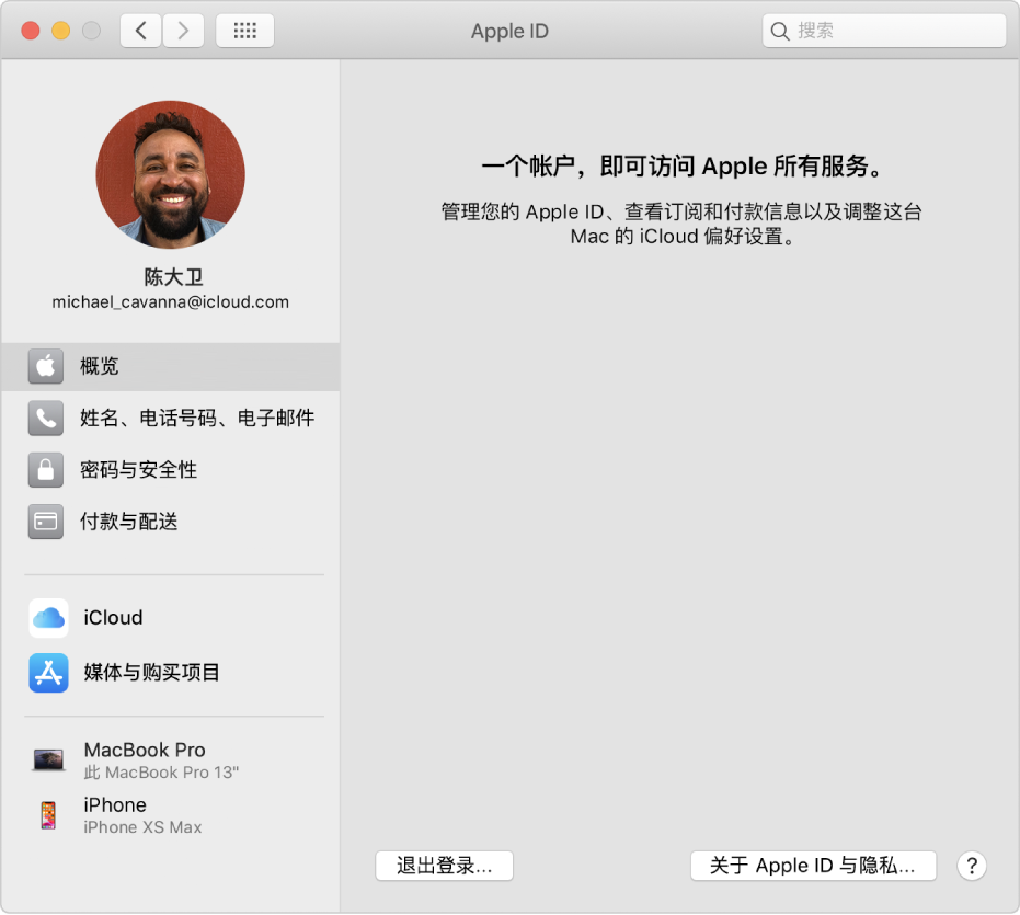 Apple ID 偏好设置的边栏显示您可以使用的不同类型的帐户选项以及现有帐户的“概览”偏好设置。