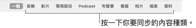 按鈕列顯示「一般」按鈕和有關音樂、影片、電視節目等內容的按鈕。