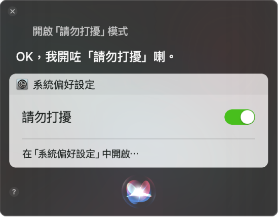 Siri 視窗顯示完成任務的要求,「開啟請勿打擾」。