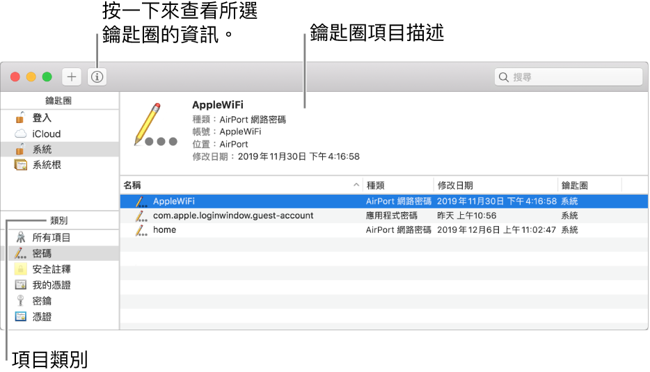 「鑰匙圈存取」視窗的主要區域:類別列表、鑰匙圈項目列表和鑰匙圈項目描述。