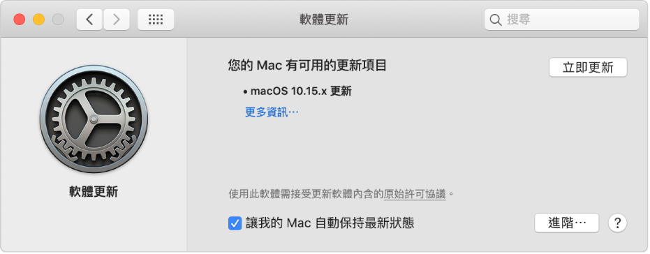 「軟體更新」偏好設定顯示有一個可用的更新項目。