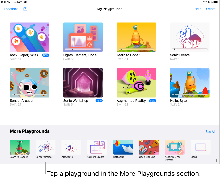 The My Playgrounds screen. At the bottom is the More Playgrounds section, showing several playgrounds you can try.