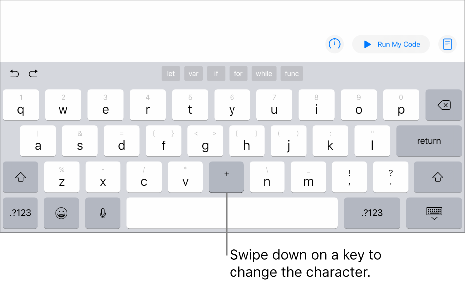 The keyboard showing that the B key has changed to a plus sign after the user swiped down on it.