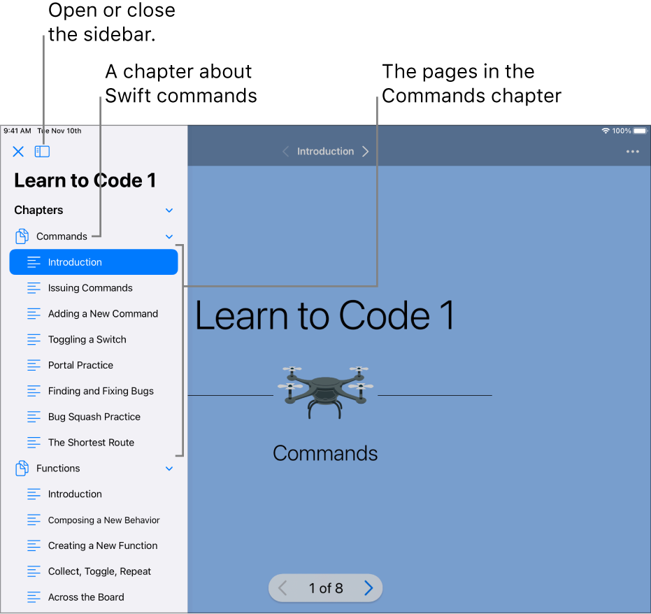 The first slide of the Introduction to Commands in the Learn to Code 1 playground. The sidebar is open, showing the chapters and pages in the playground.