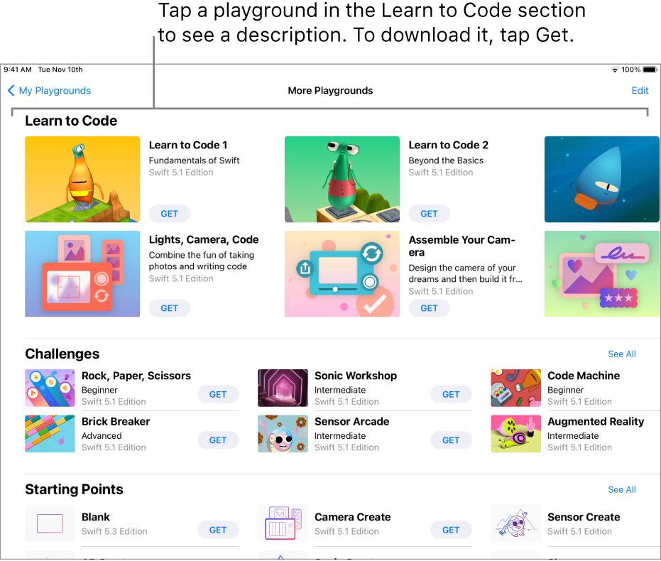 The More Playgrounds screen. At the top is the Learn to Code section, showing several playgrounds designed to help you learn how to code, each with a Get button you can tap to download it.