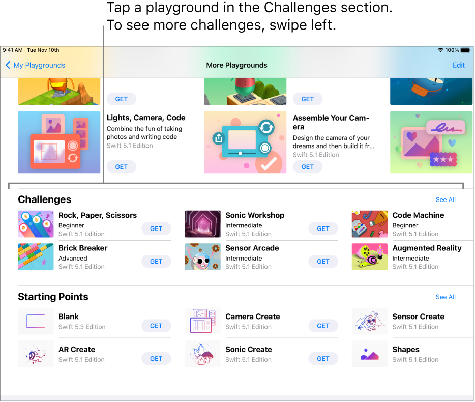 The Challenges section of the More Playgrounds screen, showing several predesigned playgrounds arranged in a grid, each with a Get button for downloading the playground. To see more challenges, swipe left.