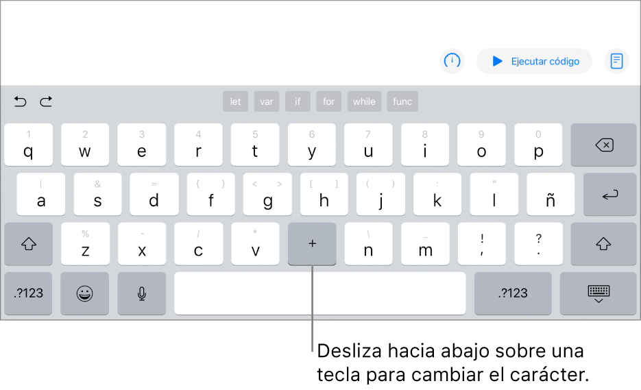 El teclado muestra que la tecla B ha cambiado a un símbolo “+” después de que el usuario la haya deslizado hacia abajo.