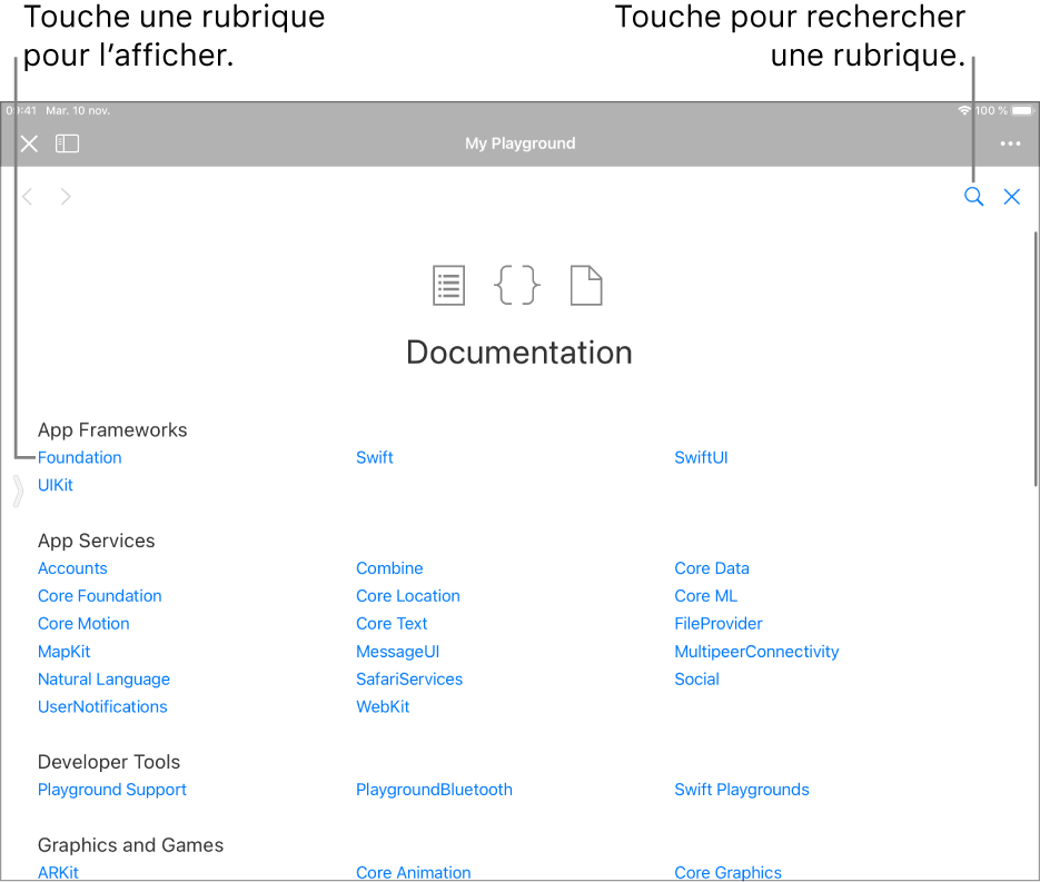La page Table des matières de la documentation Swift, affichant l’icône de recherche et les rubriques auxquelles tu peux accéder en les touchant.