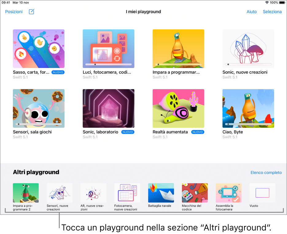 La schermata “I miei playground”. In basso è presente la sezione “Altri playground”, che mostra vari playground da provare.