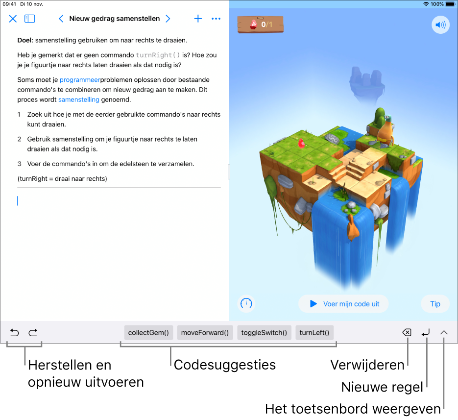 Het snelmenu onder in het scherm met van links naar rechts de knop voor het ongedaan maken van een bewerking, de knop voor het opnieuw uitvoeren van een bewerking, codesuggesties, de verwijderknop, de knop voor een nieuwe regel en de knop voor het openen van het toetsenbord.