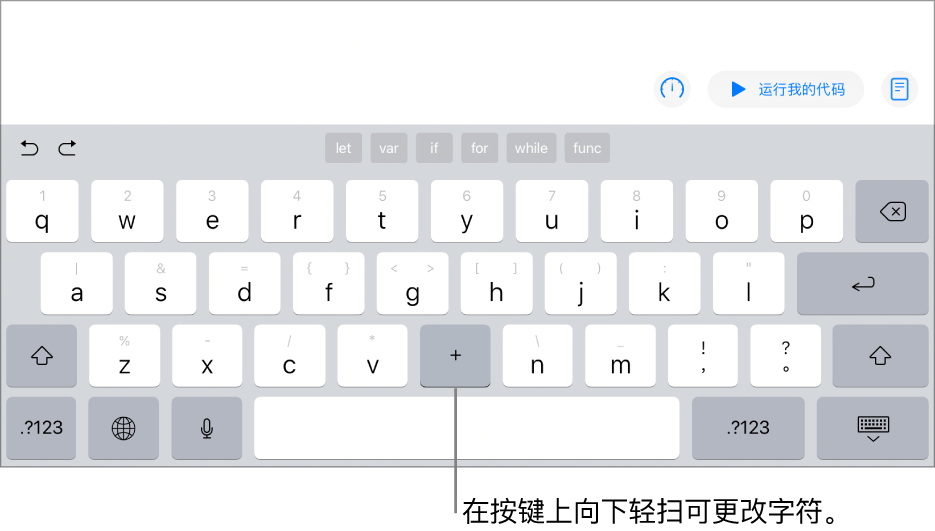 键盘显示 B 键在被用户向下轻扫后变成加号。