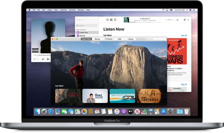The Music MiniPlayer window, the Apple TV app window, and the Podcasts window in the background.
