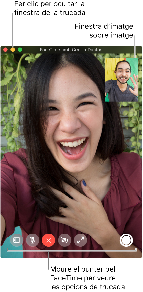 Situa el punter sobre la finestra del FaceTime per veure les opcions de trucada, com ara la barra lateral, Silenci, Penjar, Silenciar el vídeo, Pantalla completa i Live Photo. Fes clic al botó central de l’angle superior esquerre per amagar la finestra de la trucada. La finestra d’imatge dins de la imatge es mostra a l’angle superior dret.