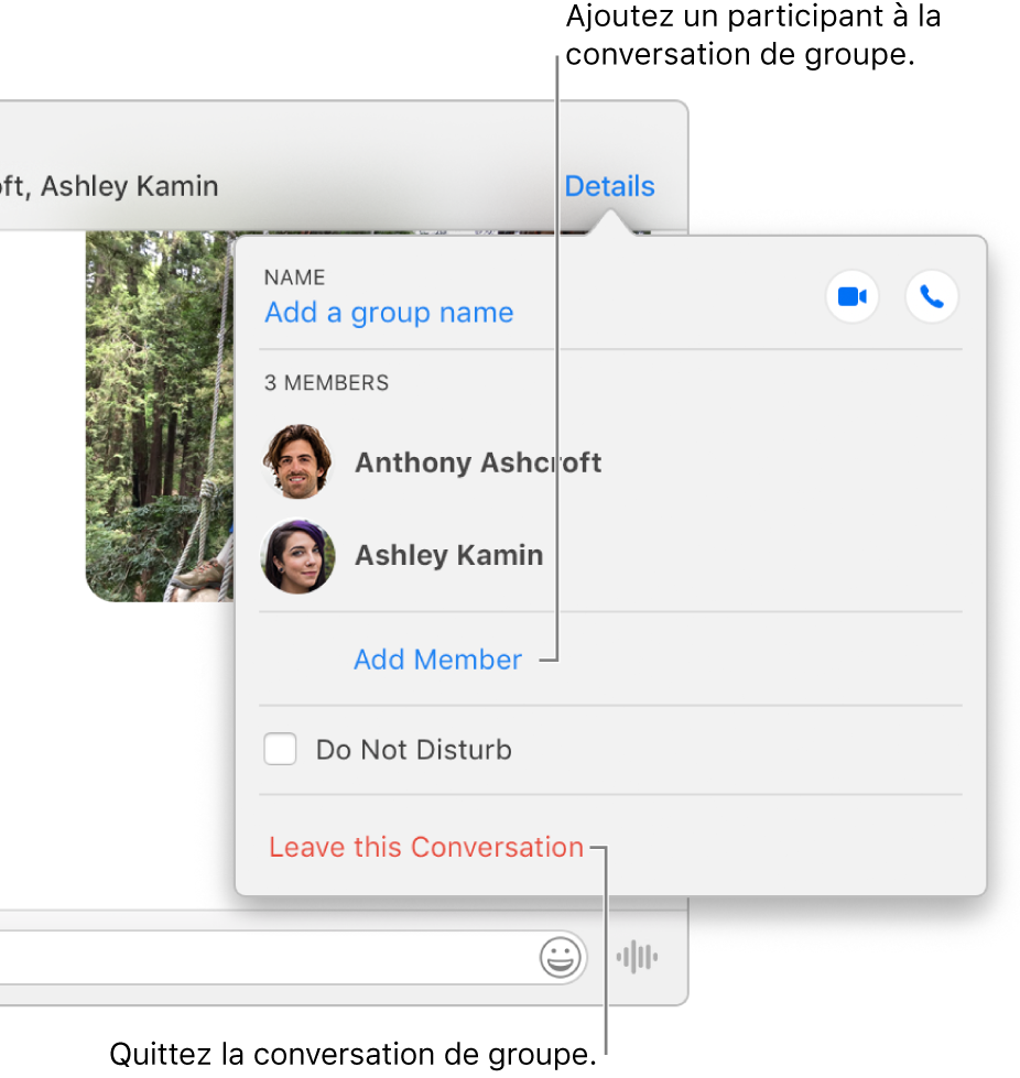 Vue détaillée s’affichant après avoir cliqué sur Détails dans une conversation de groupe. Ajouter un membre apparaît en dessous du nom du dernier participant dans la liste, tandis que Quitter cette conversation se situe au bas de la zone de dialogue.