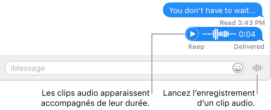 Une conversation dans la fenêtre Messages avec le bouton « Envoyer un message vocal » en regard de la zone de texte au bas de la fenêtre.