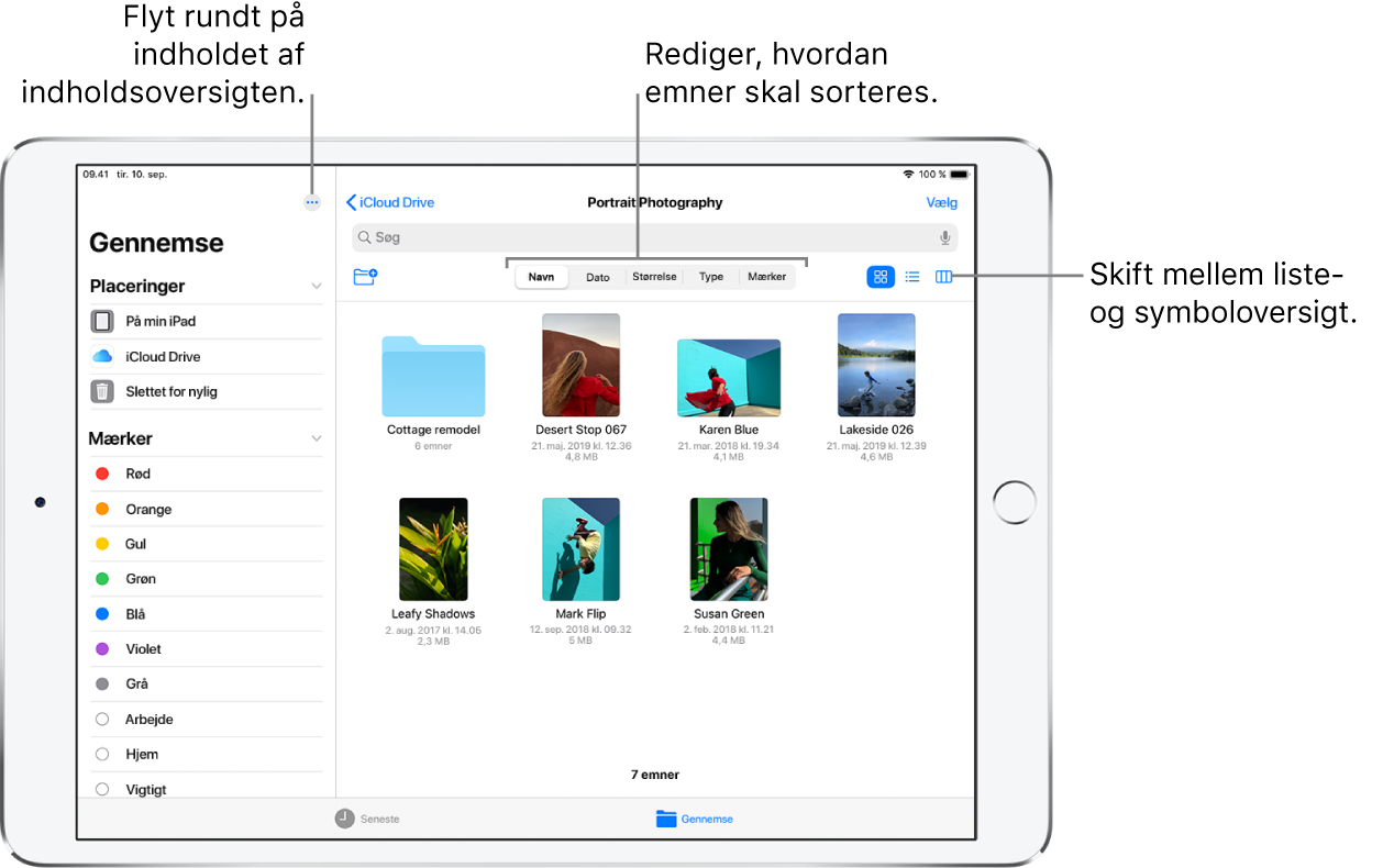 En placering i iCloud Drive med knapper, der bruges til at flytte rundt på indholdet i indholdsoversigten, sortere efter Navn, Dato, Størrelse og Mærker og skifte mellem listeoversigt og symboloversigt.