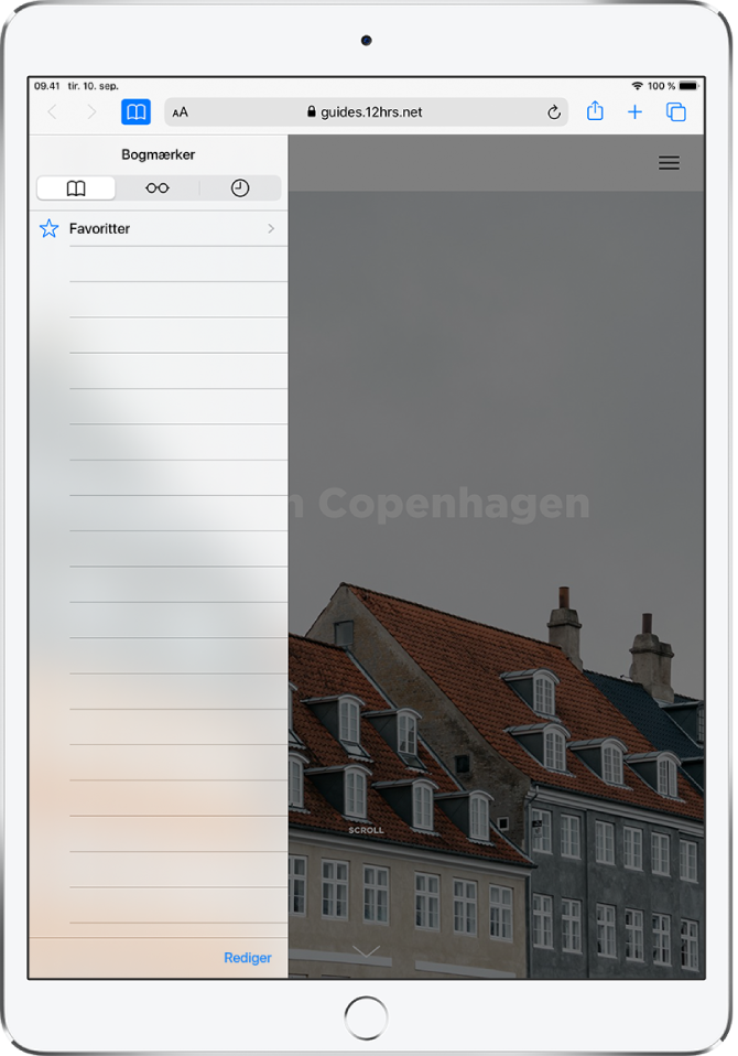 Indholdsoversigten Bogmærker, med indstillinger til at se favoritter og browserhistorik samt bogmærker.