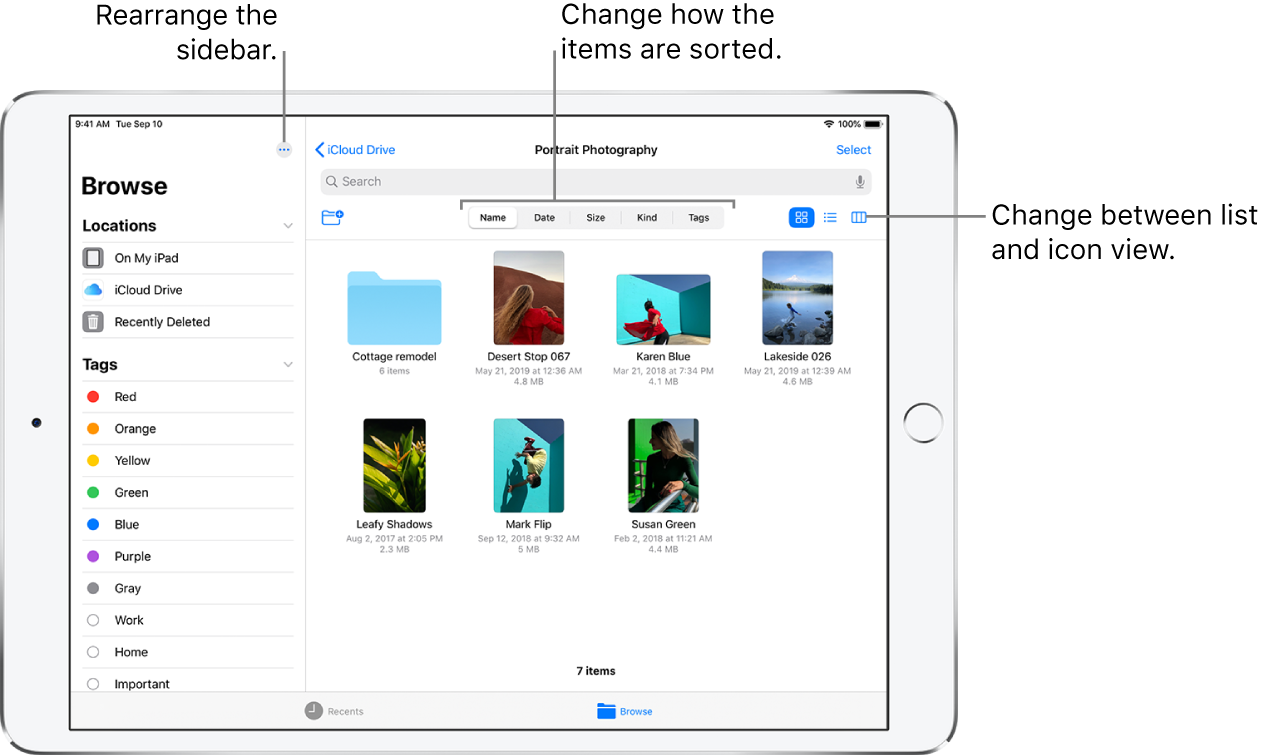 An iCloud Drive location showing buttons to rearrange the sidebar, to sort according to Name, Date, Size, and Tags, and to change between list and icon view.