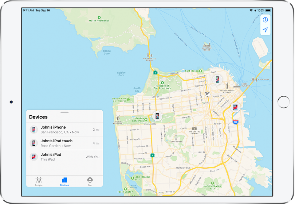 There are three devices in the Devices list: John’s iPhone, John’s iPod touch, and John’s iPad. Their locations are shown on a map of San Francisco.