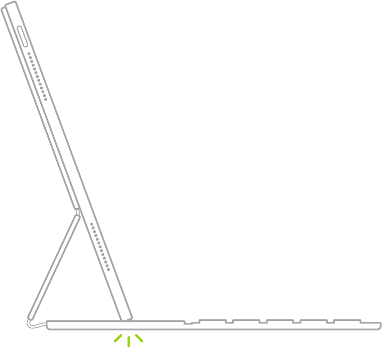 Un'illustrazione che mostra la tastiera ripiegata nella posizione di scrittura con iPad appoggiato nella scanalatura sopra i tasti numerici.