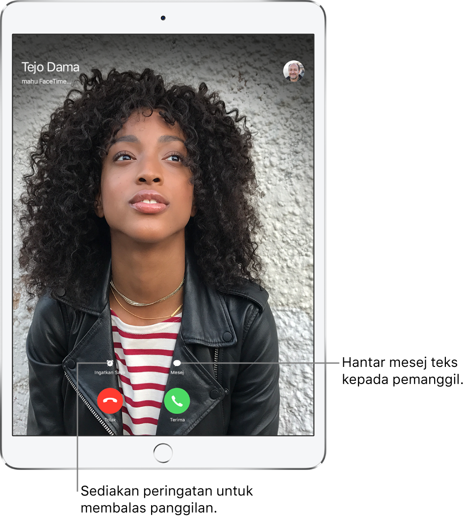 Skrin panggilan masuk. Di bahagian bawah skrin, di baris atas, dari kiri ke kanan, ialah butang Ingatkan Saya dan Mesej. Di bahagian baris bawah, dari kiri ke kanan, ialah butang Tolak dan Terima.