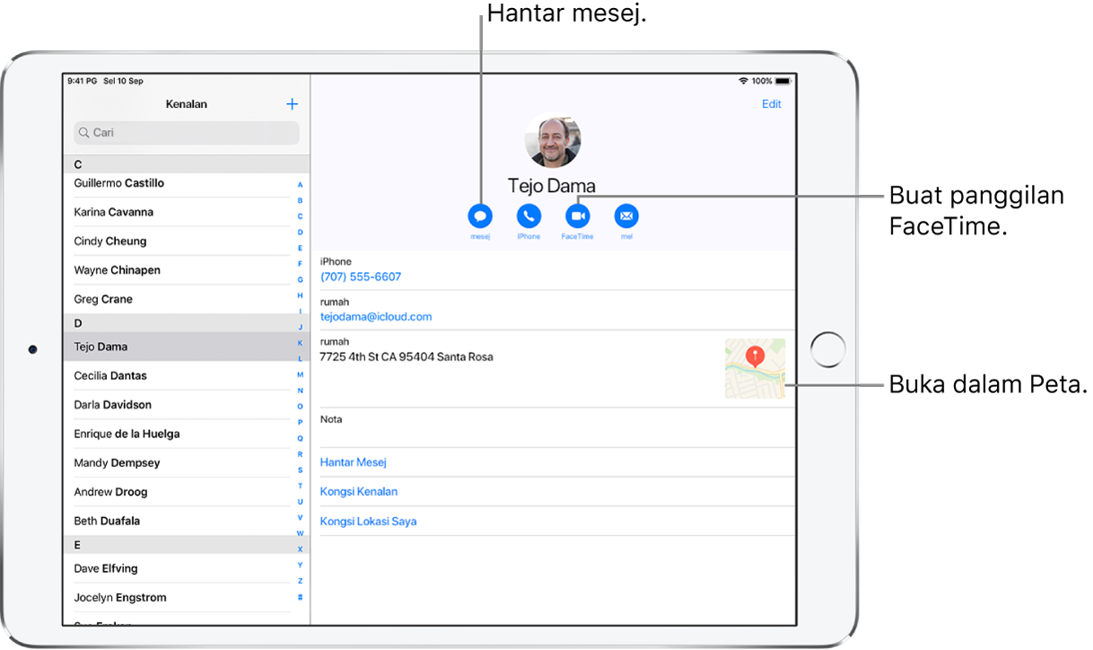 Skrin Kenalan, dengan senarai Kenalan di sebelah kiri dan kad kenalan dipilih di sebelah kanan. Di bawah foto dan nama kenalan adalah butang untuk menghantar mesej, membuat panggilan telefon, membuat panggilan FaceTime, menghantar mesej e-mel dan menghantar wang dengan Apple Pay. Di bawah butang ialah maklumat kenalan.