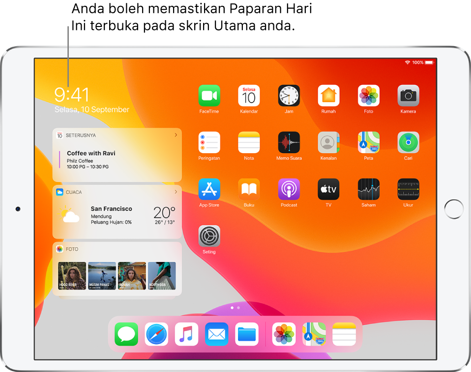 Skrin Utama dengan widget Paparan Hari Ini—termasuk widget Seterusnya, Cuaca dan Foto—dipinkan pada skrin Utama bersebelahan ikon app.