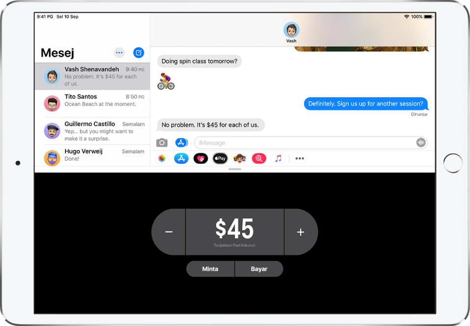 Perbualan iMessage dengan app Apple Pay terbuka di bahagian bawah.