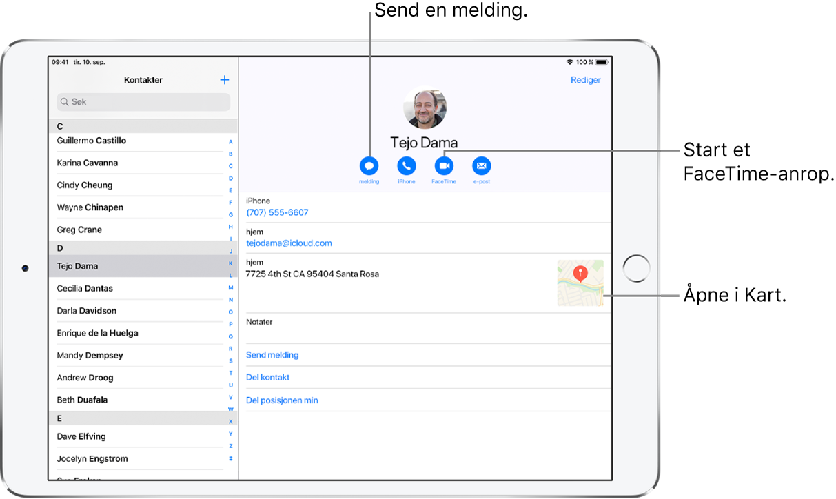 Kontakter-visningen med Kontakter-listen til venstre og det valgte kontaktkortet til høyre. Under kontaktens bilde og navn finnes knapper for å sende en melding, starte et telefonanrop, starte et FaceTime-anrop, sende en e-postmelding og sende penger med Apple Pay. Under knappene er kontaktinformasjonen.