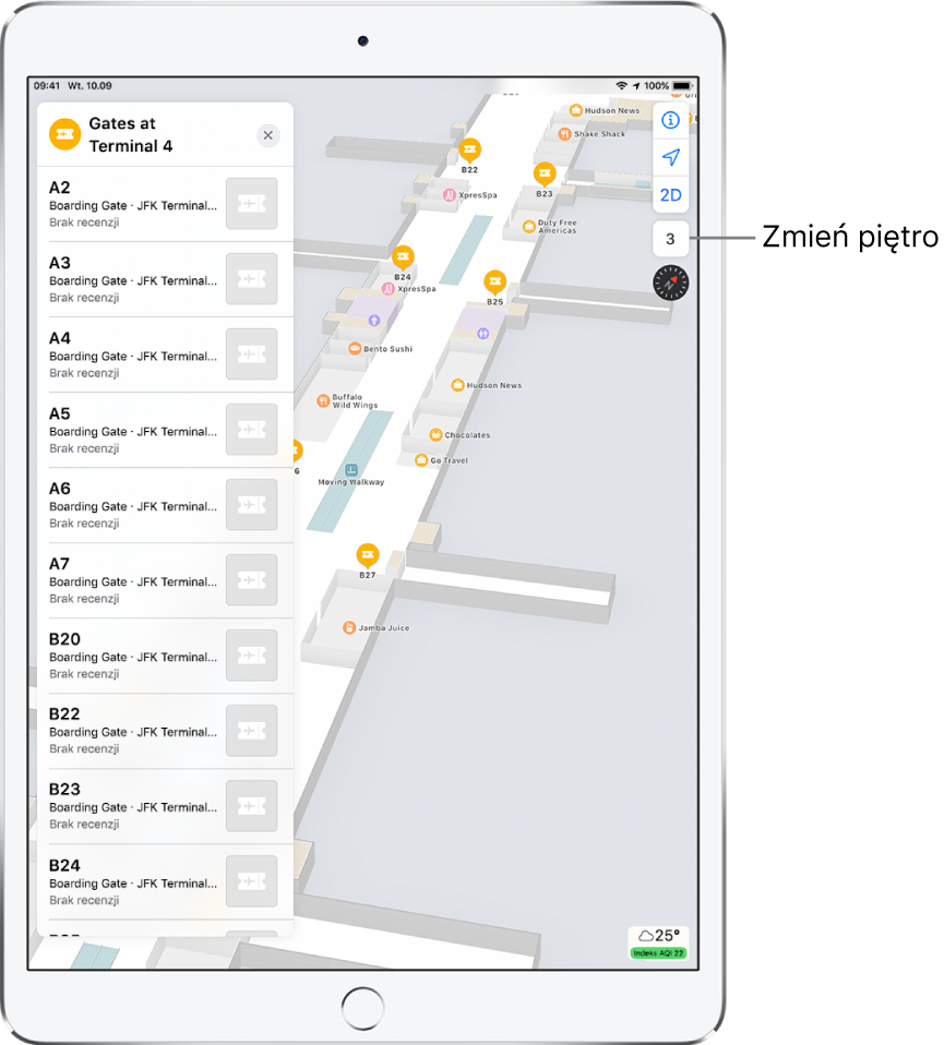 Mapa wnętrza przedstawiająca terminal lotniska. Na mapie widoczne są sklepy oraz bramki. Karta wyświetlana po lewej stronie ekranu wskazuje bramkę w terminalu numer cztery.