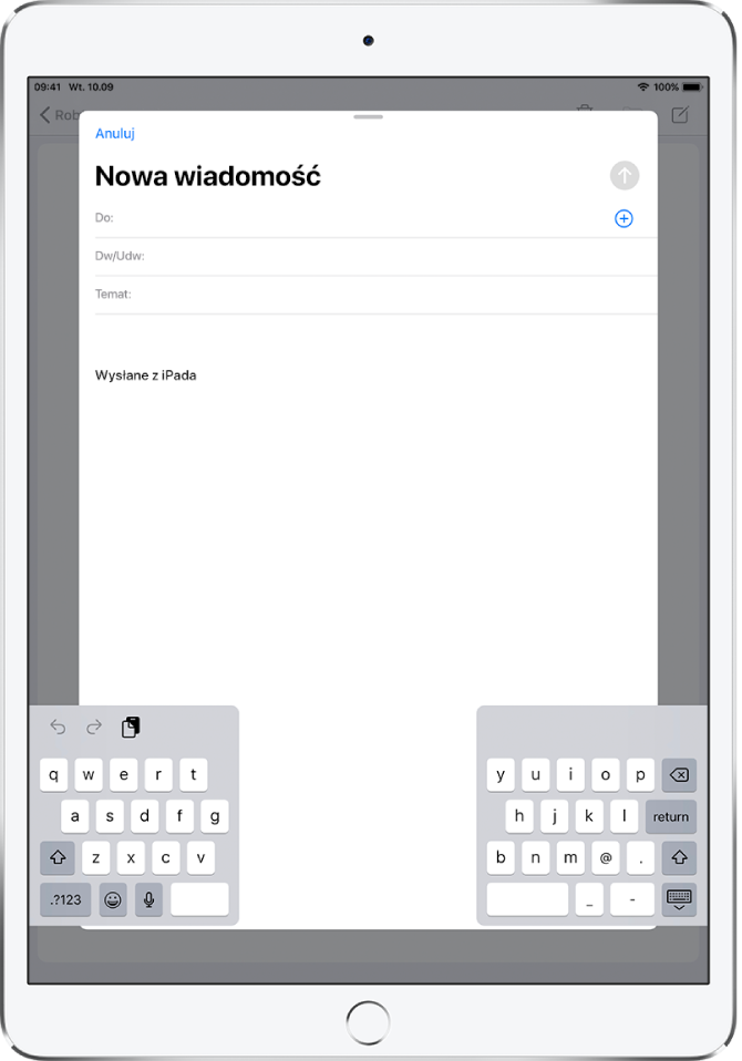 Oddokowana podzielona klawiatura wyświetlana na dole ekranu iPada.