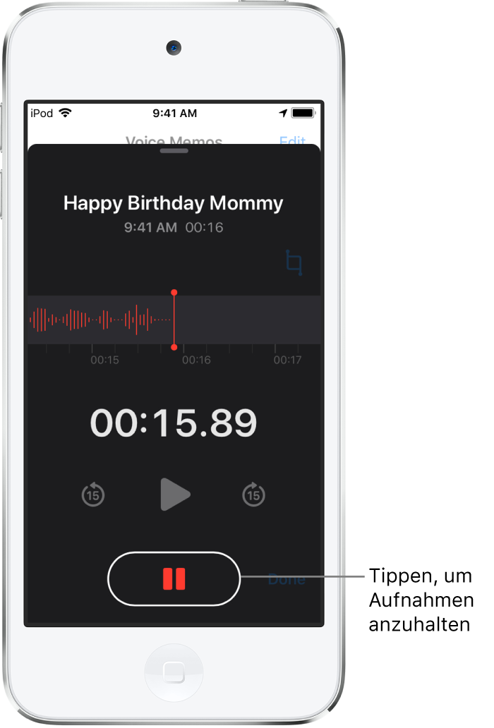 Ein Bildschirm der App „Sprachmemos“ bei laufender Aufnahme mit der aktiven Taste „Anhalten“ und den abgeblendeten Bedienelementen zum Starten der Wiedergabe, und zum Vor- und Zurückspringen um jeweils 15 Sekunden. Den meisten Raum nehmen die Wellenform der laufenden Aufnahme und die Zeitanzeige ein.