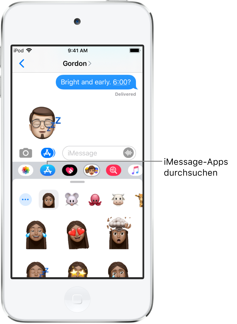 Eine Konversation in der App „Nachrichten“ mit der ausgewählten Taste „App-Übersicht“ bei Verwendung von iMessage. In der geöffneten Übersicht sind Smiley-Sticker zu sehen.