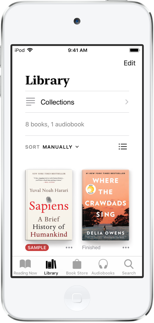 Der Bildschirm „Bibliothek“ in der App „Bücher“. Oben auf dem Bildschirm befinden sich die Taste „Sammlungen“ und die Sortieroptionen. Die Sortieroption „Manuell“ ist ausgewählt. In der Mitte des Bildschirms werden die Cover der Bücher in der Bibliothek angezeigt. Unten auf dem Bildschirm sind von links nach rechts die Tabs „Jetzt lesen“, „Bibliothek“, „Book Store“, „Hörbücher“ und „Suchen“ zu sehen.