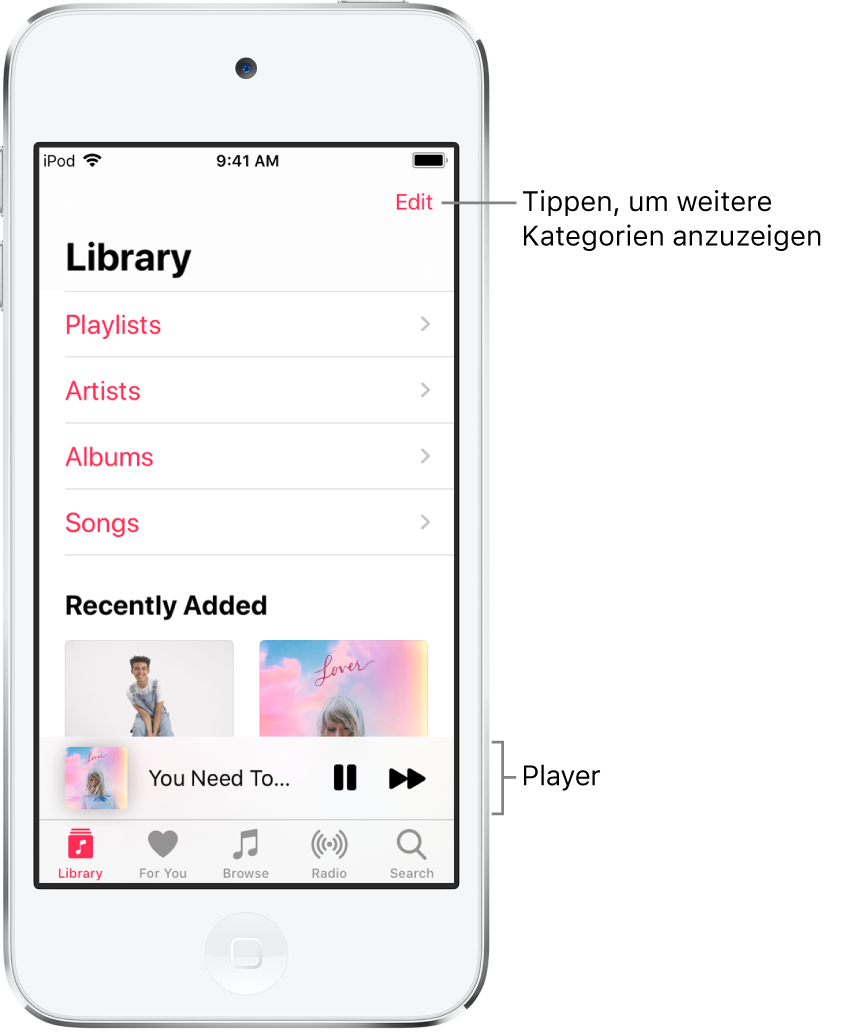 Der Bildschirm „Mediathek“ mit einer Liste der Kategorien „Playlists“, „Künstler“, „Alben“ und „Musiktitel“. Die Überschrift „Zuletzt hinzugefügt“ wird unter der Liste angezeigt. Der Player mit dem Titel des aktuellen Musiktitels und den Tasten „Anhalten“ und „Nächster Titel“ unten.