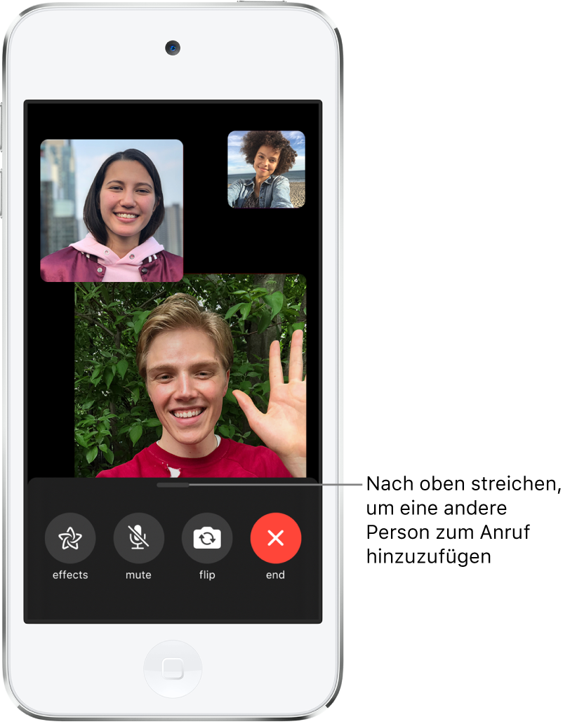 Ein Gruppenanruf in der App „FaceTime“ mit (den Anrufer eingeschlossen) insgesamt drei Teilnehmern. Jeder Teilnehmer wird in einer separaten Kachel angezeigt, wobei die Teilnehmer, die sich aktiv am Gespräch beteiligen, durch größere Kacheln gekennzeichnet werden. Am unteren Bildschirmrand sind die Steuerungen „Effekte“, „Stumm“, „Wechseln“ und „Ende“ zu sehen.