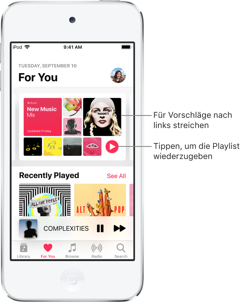 Der Bildschirm „Für dich“ zeigt oben die Playlist „Musik im Mix“. Unten rechts unter der Playlist ist die Taste „Wiedergabe“ zu sehen. Darunter befindet sich der Abschnitt „Zuletzt gespielt“ und zeigt zwei Albumcover.