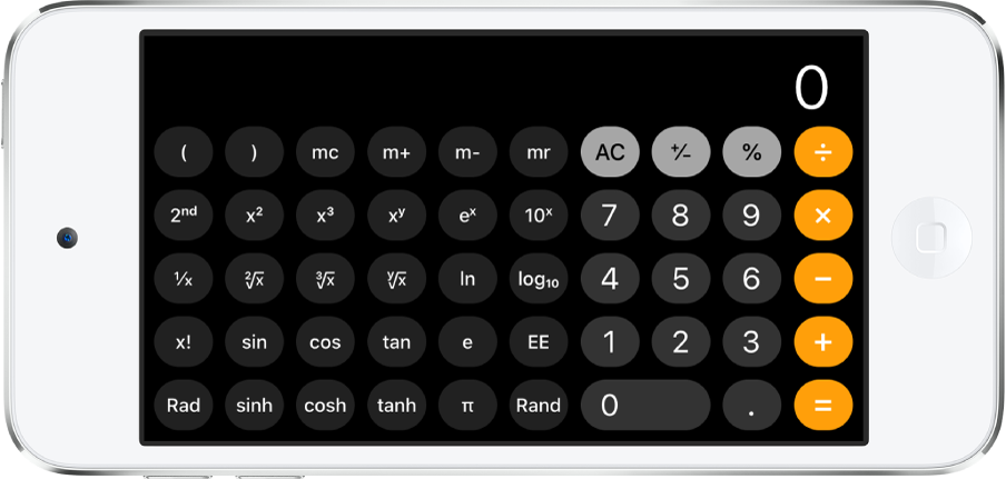 iPod touch in landscape orientation showing the scientific calculator with exponential, logarithmic, and trigonometric functions.