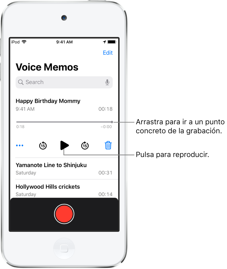 Pantalla de lista de Notas de Voz con una grabación seleccionada arriba. La línea de tiempo de la grabación tiene un cursor de reproducción, y tiempos de inicio y fin en los extremos. Debajo de la línea de tiempo se encuentra el botón Más (que puedes pulsar para editar, duplicar o compartir una grabación), el botón de retroceder 15 segundos, el botón de reproducción, el botón de avanzar 15 segundos y el botón de eliminación. Debajo de estos controles hay una lista de grabaciones que se pueden abrir con una pulsación.