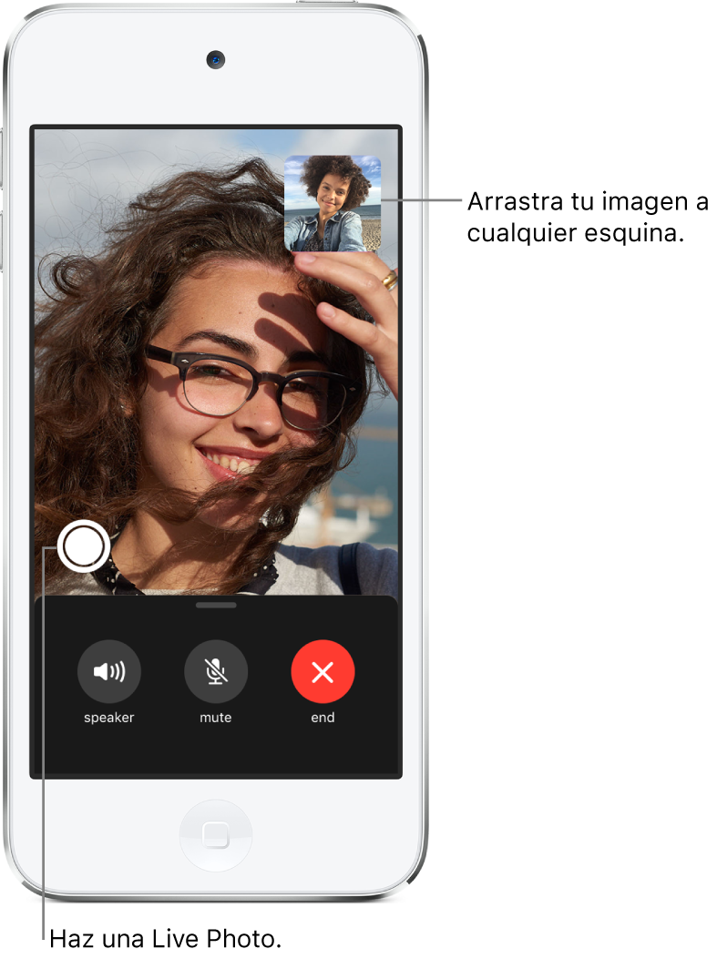 Pantalla de FaceTime con una llamada en curso. Tu imagen se muestra en un pequeño rectángulo en la esquina superior derecha, mientras que la imagen de la otra persona ocupa el resto de la pantalla. A lo largo de la parte inferior de la pantalla, se encuentran los botones Altavoz, Silenciar y Finalizar.