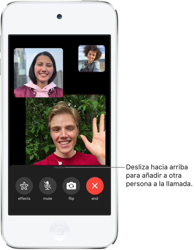 Llamada FaceTime en grupo con tres participantes, incluido el creador. Cada participante se muestra en un mosaico distinto. Los mosaicos más grandes indican a los participantes más activos. Los controles de la parte inferior de la pantalla son Efectos, Silenciar, “Cambiar cámara” y Finalizar.