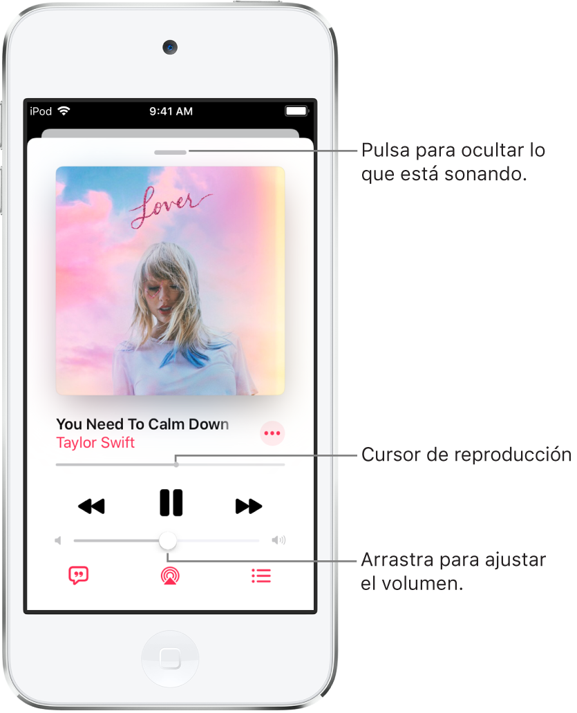 Pantalla “En reproducción” con la ilustración del álbum. Debajo se encuentran el título de la canción, el nombre del artista, el botón Más, el cursor de reproducción, los controles de reproducción, el regulador de volumen y los botones Letra, “Destino de la reproducción” y “A continuación”. El botón de ocultar “En reproducción” se encuentra en la parte superior.