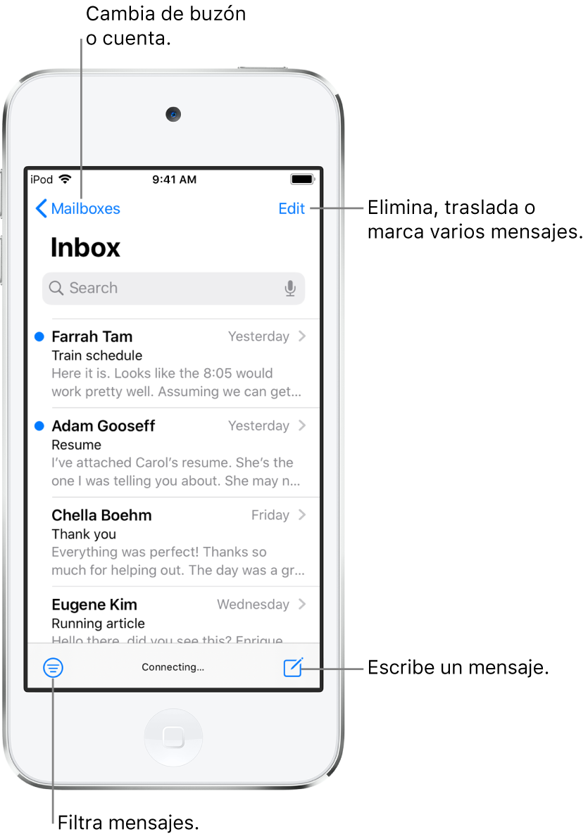 Bandeja de entrada con una lista de correos electrónicos. El botón Buzones para cambiar de buzón se encuentra en la esquina superior izquierda. El botón Editar para eliminar, mover o marcar mensajes de correo electrónico se encuentra en la esquina superior derecha. El botón para filtrar los correos electrónicos de forma que solo se muestren determinados mensajes se encuentra en la esquina inferior izquierda. El botón para redactar un mensaje de correo electrónico nuevo se encuentra en la esquina inferior derecha.