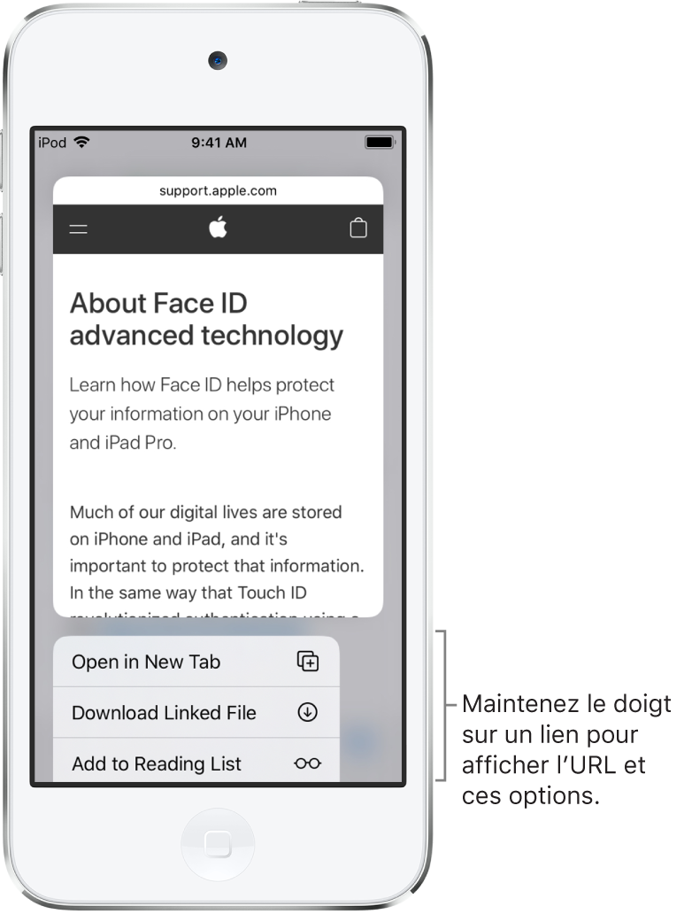 Une superposition affichant un aperçu de l’URL de destination suivi d’une liste d’actions possibles : Ouvrir, « Ajouter à la liste de lecture », « Ajouter à Photos », Copier et Partager.