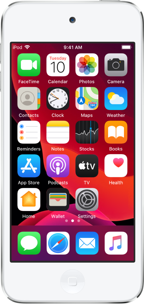Écran d’accueil de l’iPod touch avec le mode sombre activé.